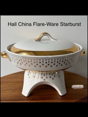 Hall China Starburst Flare Ware Casserole Pedestal Set Atomic MCM Gold Lid Dish